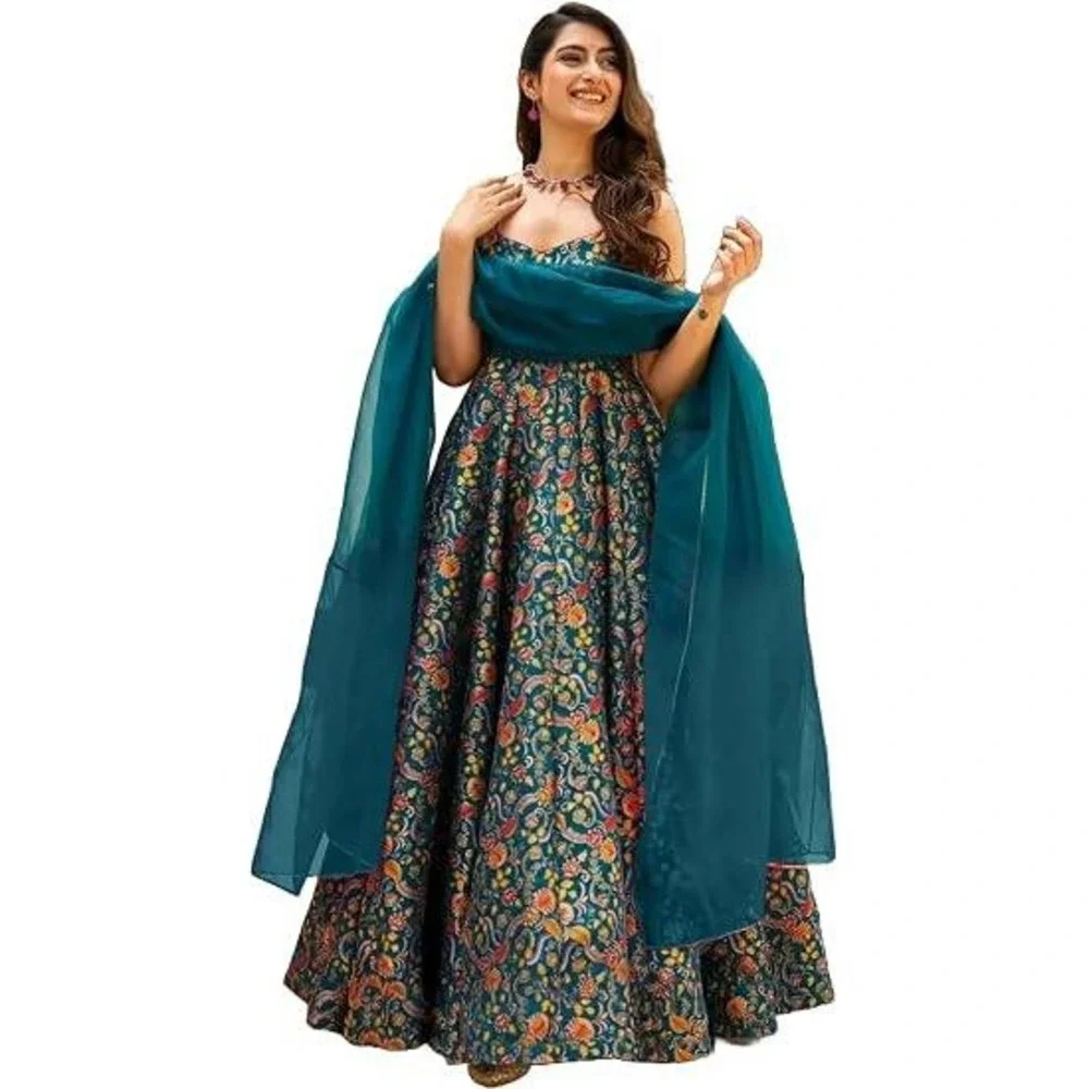 Indya Luxe NEW Teal Floral Foil Anarkali Maxi Dress XL Indian Wedding Party